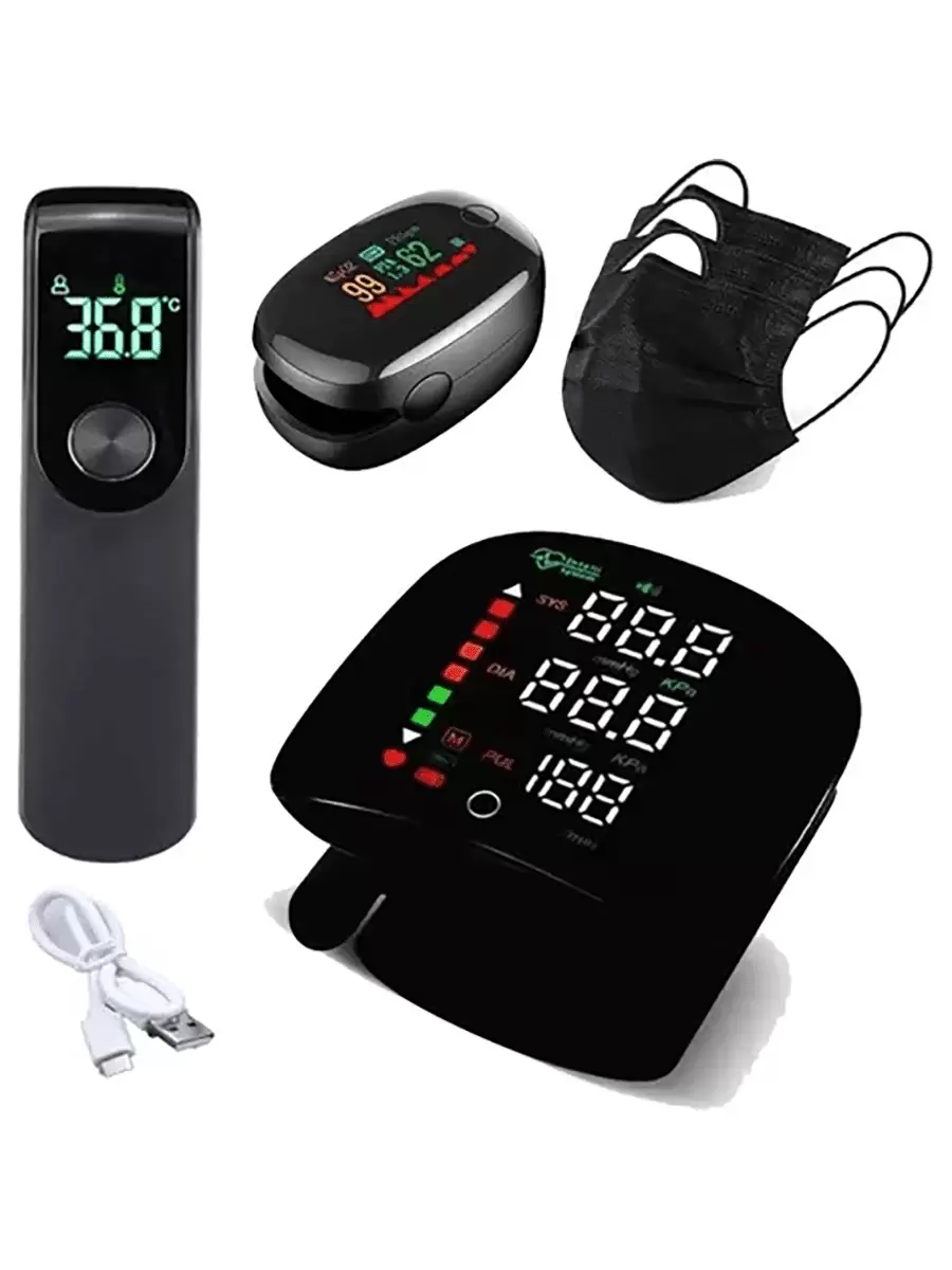 Kit de Monitoreo de Salud 4 en 1 Pulsovital | Esfigmomanómetro de Muñeca Recargable con Pantalla LCD y Voz + Pulsoóximetro de Dedo + Termómetro Infrarrojo Sin Contacto + Cubrebocas, Medición Precisa, Ideal para Hogar y Emergencias - Negro - Ver 1