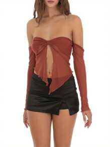 Women's Summer Sheer Tube Tops Solid Color Off Shoulder Front Knot Mesh T-Shirts