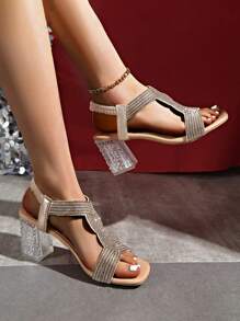 Sandalias de tacón alto con detalles de strass, de tacón ancho y punta abierta, con diseño de banda elástica simple, elegantes, adecuadas para vestidos, fiestas y vacaciones