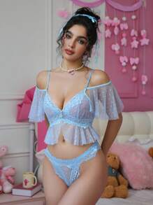 2件女式超贴身浅蓝色性感蕾丝网眼拼接内衣上衣和性感蕾丝内裤套装情趣内衣 - 淺藍色 - 查看 1