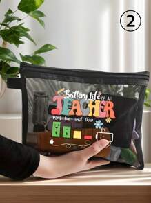 教师答谢礼物网眼大容量便携式化妆包，印有“老师”字样，玫瑰红色亚麻零钱包，化妆包，有衬里，无封口 - 非常适合教育工作者和学校工作人员，教师答谢礼物，时尚休闲配饰，适合外出、度假、日常通勤，化妆包，适合假日海滩、浴室收藏、卧室收藏，大容量 - 黑色 - 查看 16