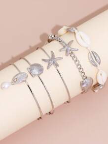 5pcs Bohemian Shell Bracelet Set For Women, Summer Beach Jewelry Accessories - Silver - View 2