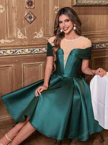 Faeriesty Vestido de malla y satén midi con adornos de perlas falsas para fiestas y eventos de cóctel, elegante atuendo formal de noche, vestido de invitada de boda