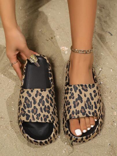 New Leopard Print Women Flat Casual Slippers, EVA One-Piece Thick Bottom Plastic Slides, Non-Slip Soft Sole Cloud Slippers, Plus Size For Home, Dorm, Travel & Beach