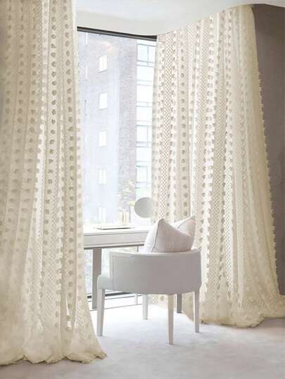 1pc Verticle Fuzzy Tassel Semi-Sheer Linen Curtain, Suitable For Bedroom, Living Room, Balcony, Bedroom Window Curtain