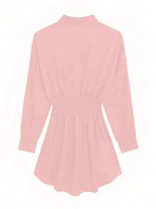 女士时尚翻领衬衫裙，纯色褶皱腰身长袖修身轻薄衬衫裙，春夏粉色优雅款 - 粉色 - 查看 9