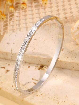 1pc Stainless Steel Couple Bracelet, Silver Plated Single Row Rhinestone Detail, Perfect For Daily Wear & Gift Giving
