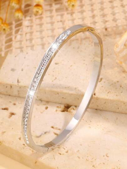 1 Pièce De Bracelet En Acier Inoxydable Pour Couple Argenté Avec Des Diamants D'imitation En Rang Simple, Convient Pour La Décoration Quotidienne, Les Cadeaux Et Le Port