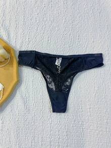 Diamond Lace Chain Thong - Black and White - View 4