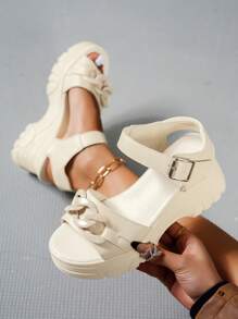 SHIHUA 女士厚底老爹运动凉鞋，高跟 8 厘米厚底休闲沙滩鞋，适合夏季搭配连衣裙，2025 年新款 - 米色 - 查看 3