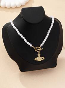 1 件时尚优雅的珍珠和水钻花朵吊坠项链，适合女性日常穿着和派对时尚配饰