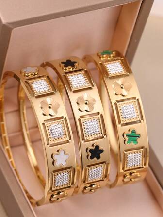 1 件女士奢华花卉锆石不锈钢手链，适合日常佩戴和叠戴配饰