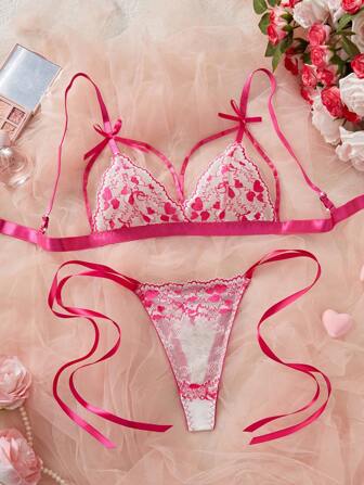 女士新款蕾丝文胸套装，亮粉色心形设计性感内衣套装，交叉肩带，轻薄舒适文胸和内裤套装，情人节卧室氛围，可爱超薄文胸
