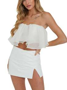 Women Temperament Ruffles Tube Tops Solid Color Boat Neck Strapless Tank Tops Summer Backless Bandeau Shirts Streetwear - White - View 10