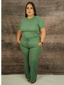 Camiseta de punto de canalé con talle alto y pantalones con cintura de cordón - verde menta - Ver 2