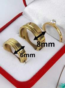 Par Aliança De Casamento 6mm Ele e 8mm Ela + Anel Reta Com Friso Brilhante Noivado Banho Ouro 18k