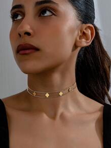 1pc Minimalist & Luxury Style Double Chain Four-Leaf Clover Necklace, Retro-Artistic, Elegant Design Lucky Grass Clavicle Chain, Suitable For Women Office, Social Gatherings, Vacation, Beach, Back To School, Graduation, Student Gift, Teacher Gift