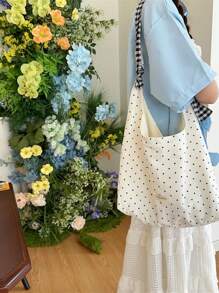 Large Capacity Thin Polka Dot Canvas Shoulder Bag, Suitable For Students