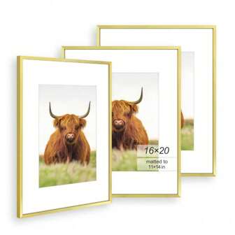 16x20 Picture Frame Set Of 3, Gold Thin Border, Display Photo 11x14 With Mat Or 16x20 Without Mat, Poster Frame For W  Hanging Horizontal And Vertical