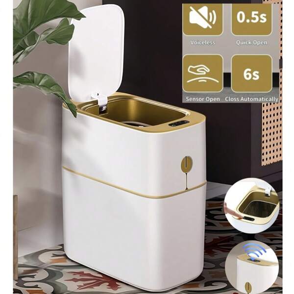 1 Pc 4 Gallon Automatic Touchless Smart Bathroom Trash Can, With Lid And 1 Roll Of Trash Bags, Bedroom Or Bathroom Automatic Touchless Infrared Motion Sensor Trash Can, Small Plastic Slim Waste Basket, Narrow Spaces Design, For Bedroom, Office, Living Room, Toilet, Laundry, Dormitory. Home Bathroom Decor Bathroom Organizer Summer Back To School