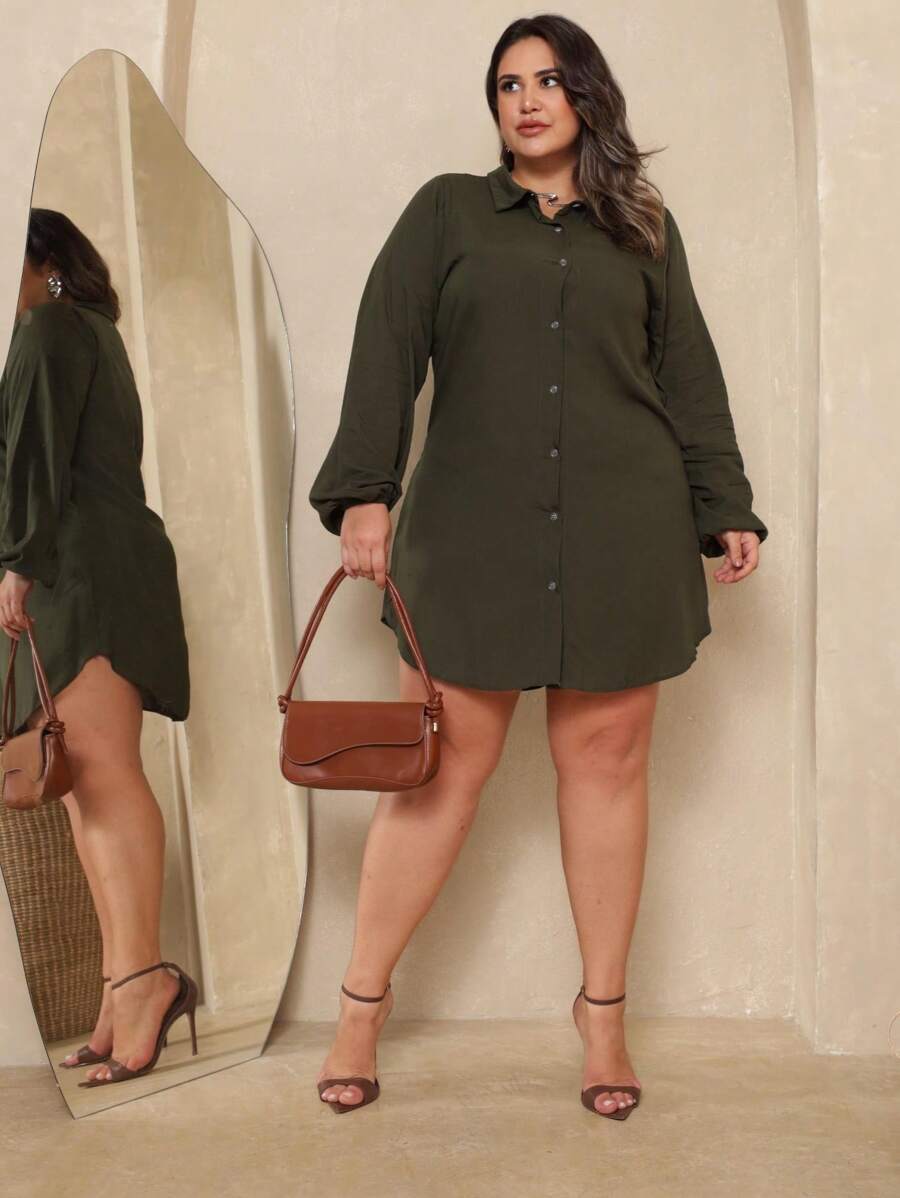 Chemise Dress Viscolinho Plus Size, Elegant, Lightweight, All Curve - 軍綠色 - 查看 1