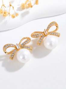 5 对简约优雅奢华钻石镶嵌猫眼、方形、蝴蝶结、水滴和人造珍珠耳钉套装，适合日常和节日佩戴 - 套裝A款 - 查看 6