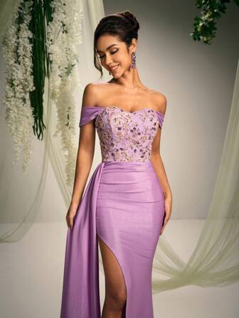 AOSHABABI 女士紫红色露肩落肩前开衩荷叶边蕾丝串珠嵌件露背拉链晚礼服（缀饰），适合正式场合、音乐节、晚宴、婚礼嘉宾、节日派对、毕业舞会、鸡尾酒会、约会、节日和伴娘