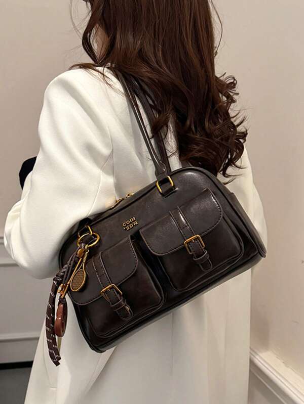 Women's Retro Solid Color Pu Leather Shoulder Bag With Multiple Pockets Large Capacity Comes With A Detachable Accessory Charm, Vintage Bag For Women