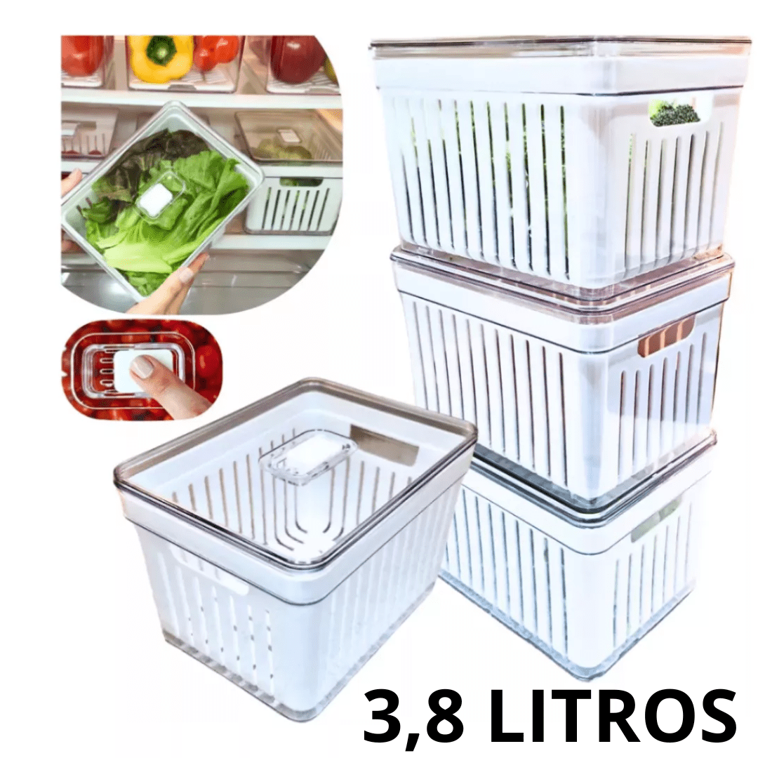 Kit 2 organizador de geladeira3 ,8 Litros Cesto Com Tampa Multiuso Alimentos Verduras e Vegetais