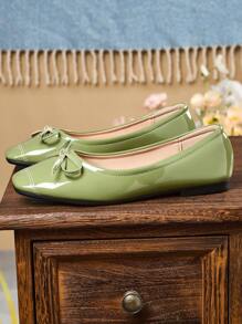 Women's Fashion Square Toe Slip-On Green Bow Accent Flats, Versatile Casual Office Loafers For Spring/Autumn, Outdoor Activities, With Elegant Charm