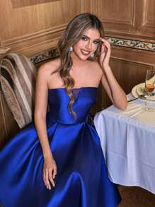 Faeriesty Elegant Strapless Satin Cocktail Party Dress Summer Dresses Spring Clothes - Royal Blue - View 4