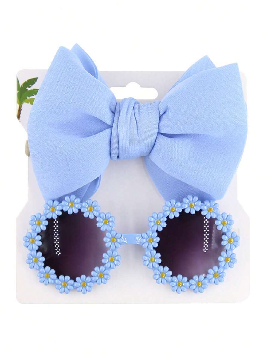 2pcs/Set Kids Fashion Mirror Bow Headband Set, Baby Boys Girls Outdoor Flower Glasses Headwear - Blue - View 1