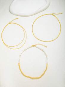 Set de 3 collares multicapa de imitación de perlas, diseño de cadena tipo hueso de serpiente, accesorios de estilo simple y elegante color dorado para mujer, para uso diario y como regalo