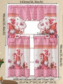 1 JUEGO (3 piezas/Juego) Cortinas con diseño de corazones rosas impresos digitalmente hechas de fibra de acetato y hilo de bambú, adecuadas para la cocina, sala de estar, dormitorio y otras decoraciones del hogar