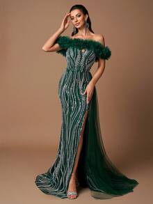 SUPGIR [Non-Positioning Flowers] High Collar Layered Mesh Sleeves Maxi Dress With Embroidery & Faux Pearls, Open Slit, Formal Gown, Party Dress, Wedding Guest Dress, Evening Dress - Dark Green - View 5