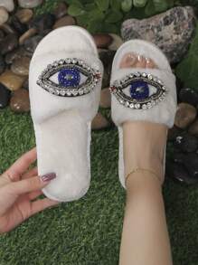 Luxurious Rhinestone Fuzzy Slippers For Women, Lightweight, Open Toe, Can Be Worn Outdoors, Fluffy, Thick Sole, Autumn/Winter