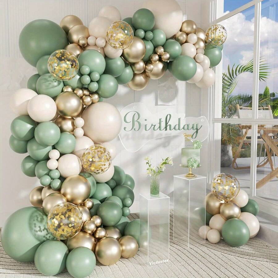 112pcs Elegant Balloon Arch Kit - Green, Sand, White & Golden With Golden Confetti For Weddings, Engagements, Anniversaries, Bridal Showers, Youngsters Showers & Birthdays