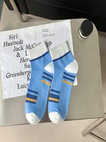 5 Pairs Men's Moisture-Wicking Breathable Striped Crew Socks, Sports Style, Suitable For Spring, Autumn And Winter - Multicolor - View 3