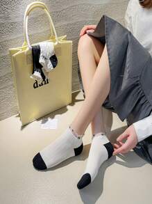 5 Pairs Women Summer Thin Ankle Socks, Korean & Japanese Style White Lace Trim Socks, Boat Socks For Girls