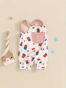 Baby Overall Shorts, Sleeveless Stars Popsicle Print 4th Of July Clothing Summer Clothes - Ivory White - View 4