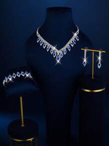 4-Piece Set Includes: (1 Pair Elegant Pendant Earrings, 1 Luxurious Necklace, And 1 Set Of Black Teardrop Rhinestone Inlaid Bracelet) - A Brass Jewelry Set Suitable For Weddings And Special Occasions. - Black - View 7