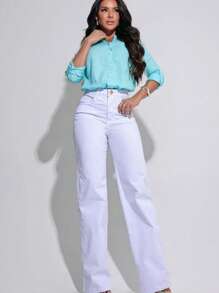 Jeans anchos, pantalones de mezclilla lavado claro, estilo callejero, pantalones elásticos anchos para mujer Jeans Mujer De Mezclilla - Blanco - Ver 7