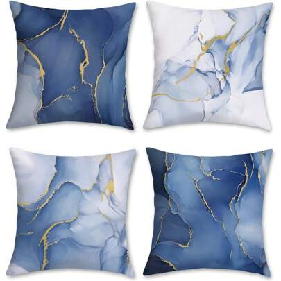 4pcs Blue Marble Pattern Pillow Covers, Abstract Blue Marble Modern Decorative Cushion Covers, Soft 100% Polyester Pillowcases, Suitable For Sofa Bed Home Decor, Single-Sided Without Pillow Inserts (16"X16", 18"X18", 20"X20")