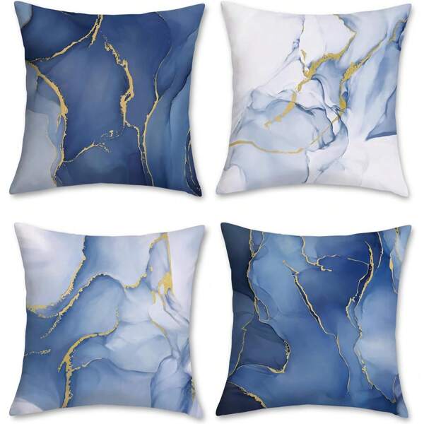 4PCS Blue Marble Pillow Case, Abstract Marble Blue And Gold Modern Decorative Pillow Soft Cushion Cover For Sofabed Home Decor, One Side Without Pillow Core (16in*16in 18in*18in 20in*20in)
