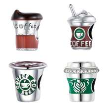 Easvnya 1pc Fashionable Silver-Plated Coffee Cup Beaded Accessory, 3D Design, Elegant, Suitable For Bracelets And Necklaces, Great Jewelry Gift For Birthday And Holidays