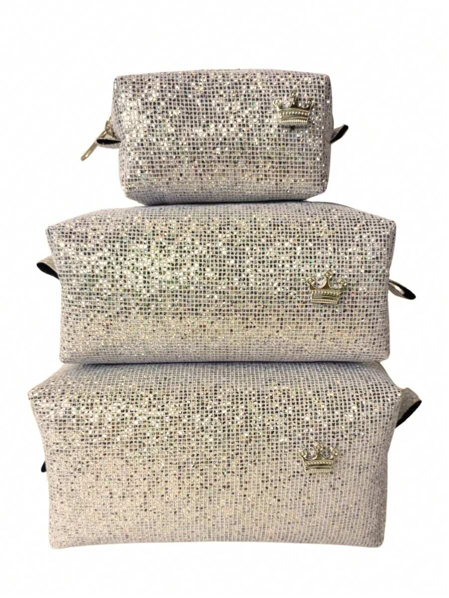 Necessaire Organizador Kit 3 Bolsas Portátil Viagem Maquiagem Cosméticos Produtos de Higiene Pessoal GLITTER