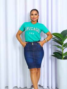 Saia evangélica jeans cinutra alta bolso ziper