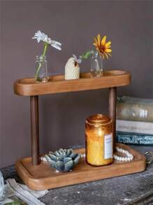 1 szt. 2-poziomowa wolnostojąca drewniana półka - wielofunkcyjny regał do przechowywania na biurku, odpowiedni do wystroju wnętrz, biżuterii, kosmetyków i artykułów piśmiennych - bez metalowej rury, półki pionowe