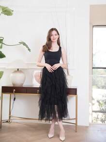 1pc Women Asymmetrical Layered Ruffle Cake Skirt, Tulle Net Puff A-Line Skirt - Black - View 3