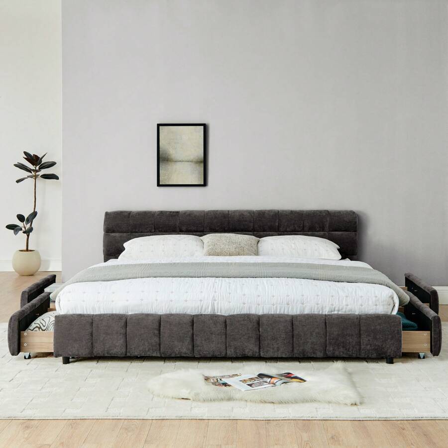 YOGLAD King Size Upholstered Bed Frame With Drawers, Chenille Fabric Grounded Queen Size Platform Bed With Headboard And Solid Frame. No Box Spring Needed - 深灰色(King Size with Drawer) - 查看 1
